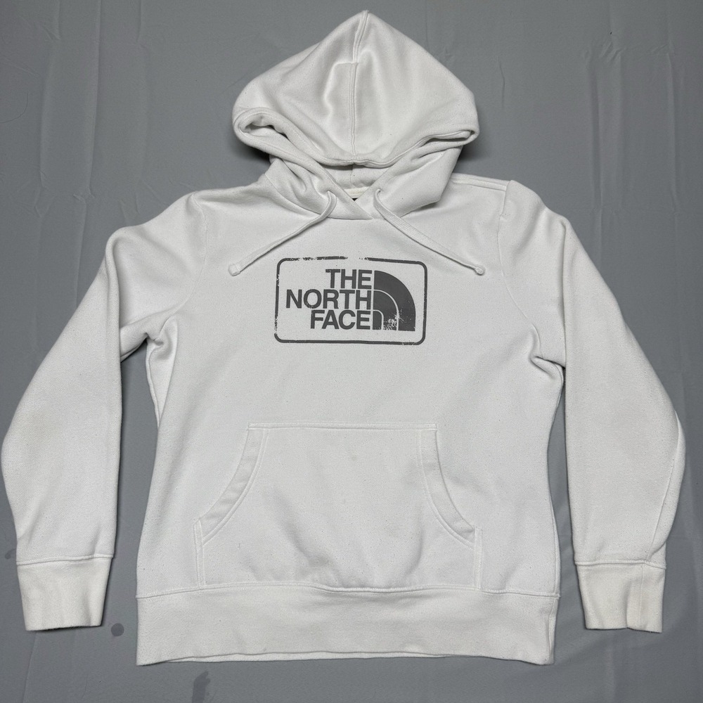The North Face Hoodie‎ Womens Large White Graphic Logo Pullover Fleece Pockets